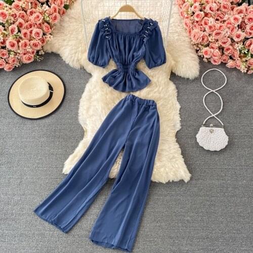 Women 2 piece sets Summer 2021 Korean Fashion Set Sexy crop top+casual Wide Leg Pants Two-piece Suits mujer