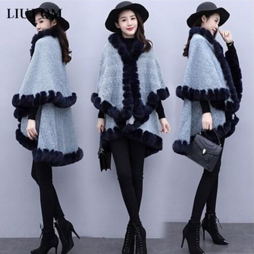 Oversize Womens Capes and Ponchoes 2021 Winter Jacket Rabbit Fur Ball Shawl Knitted Sweater Poncho Long Cashmere Cardigan Coat