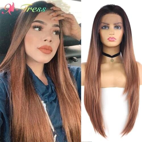 X-TRESS 13X4 Lace Frontal Wig Long Straight Ombre Brown Synthetic Wigs for Women Free Part Ombre Lace Front Wig with Baby Hair
