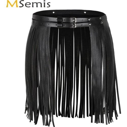 Womens Fashion Halloween Costume Goth Punk Faux Leather Fringe Tassel Waistband Clubwear Pole Dance Rave Double Waist Skirt Belt