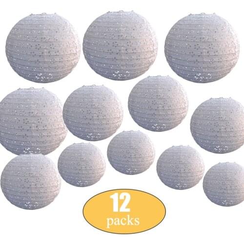 12 Pcs/set 8"-12" White Eyelet Chinese Paper lampion Lantern Assorted Sizes Round Paper Lanterns Wedding Party Hanging Decor