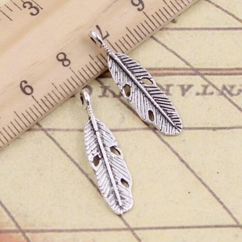 20pcs Charms Holes Feather Leaf 28x7mm Tibetan Silver Color Pendants Antique Jewelry Making DIY Handmade Craft