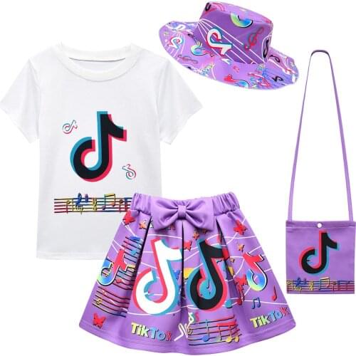 Kids Clothes Sets for Girls Fashion Print Summer Princess Dress Short Sleeve T-shirt + Skirt Bag Hat 4pcs Baby Children Outfits
