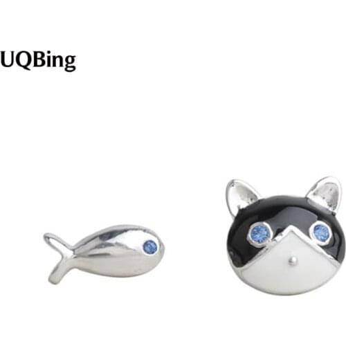 Free Shipping 925 Sterling Silver Jewelry Earrings Cat With Fish Silver Stud Earrings Pendientes de plata