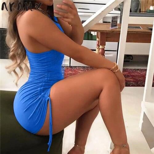 Akaily Black Slim Rompers Womens Jumpsuit Summer Streetwear Solid Strap Bodycon Sleeveless Ruched Bandage Female Playsuit 2021