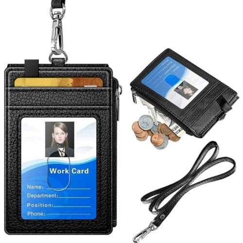 Badge Holder with Zip PU Leather ID Badge Card Holder Wallet Case with 5 Card Slots, 1 Side Zipper Pocket for Offices School ID