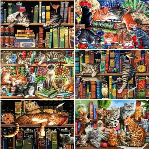 EverShine Diamond Embroidery Bookshelf DIY Diamond Painting Cat Mosaic Full Square Landscape Rhinestones Picture Handmade Hobby