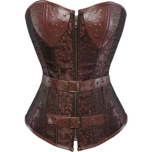 Steampunk Corset Brown Gothic Leather Corset Corsages Sexy Corselet Bustier Strait jacket Bodice Waste Trainer Plus Size Tops