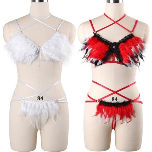 HANAERNES Red/white sexy feather cage adjustment chest strap body harness wedding bride leg garter belt gothic cage harness set