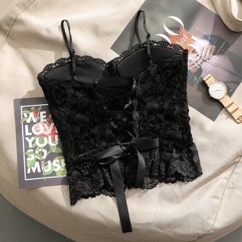 Lace Patchwork Ruffle Tube Top Pad Clothes Women Square Neck Bandage Slim Corset Top Femme Summer Backless Lace-Up Clothes Tank