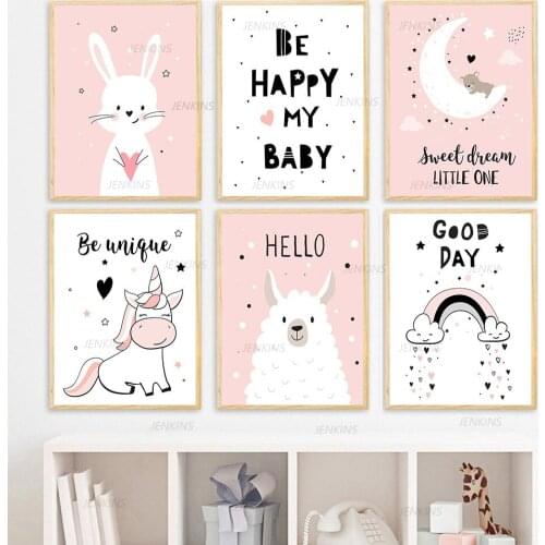 Baby Nursery Wall Art Cute Lama Unicorn Rabbit Bunny Canvas Poster Print Nordic Child Painting Picture Kids Room Decor Jenkins