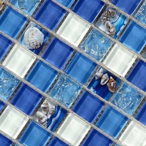 Natural sea shell in blue glass mosaic tiles 12x12 wall and floor mosaic tile for bathroom kitchen backsplash home decoration