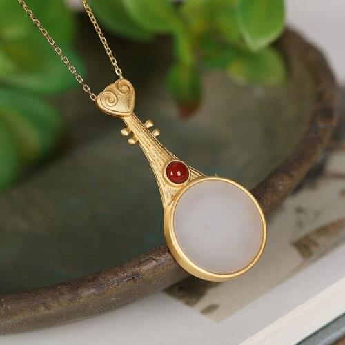 Natural 925 sterling silver gilded lute inlaid hetian jade white jade round retro pendant jewellery fashion for women lucky
