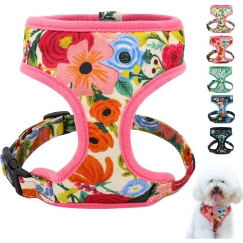 Nylon Girl Dog Harness Flower Printed Nylon Dogs Cat Harness Dogs Pet Harness Vest Adjustable for French Bulldog Chihuahua