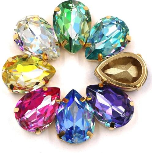 New arrival Laser crystal pointback Teardrop shape Glass sew on rhinestones with gold frame for clothing/ wedding dress