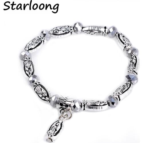 New arrival fashion Rondelle crystal beads Virgin Mary zinc alloy antique charm spacer strand bracelets