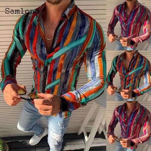 Samlona Long Sleeve Shirt New Patchwork Striped Tops Sexy Men clothing 2021 Summer Casual Pullovers Mens Blouse Plus size S-3XL