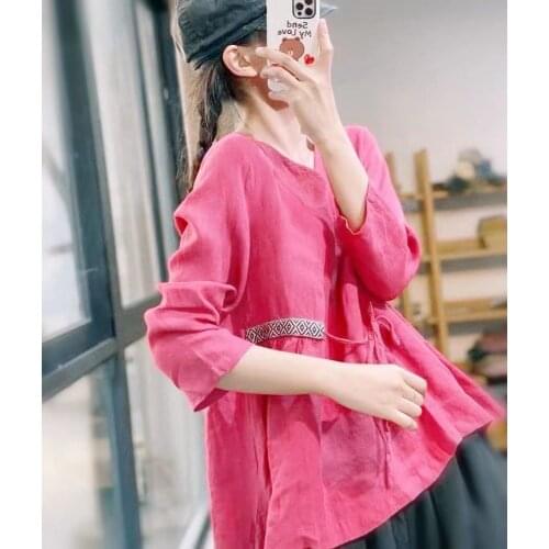 Spring Summer Shirts Women Sweet Solid Color Belt Nine Quarter Sleeve V-Neck Collar Loose Fmale Wild Tees Linen