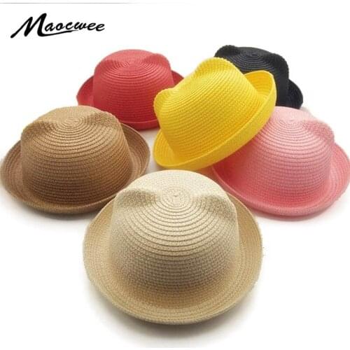 2018 New Baby Straw Hat Summer Kids Cat Ear Decoration Lovely Beach Cap Children Character Girls Boys Solid Sun Hat casquette