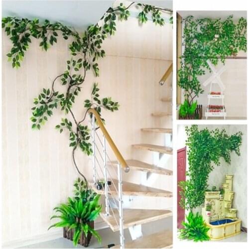 Artificial Green Plant Ficus Leaf Ginkgo Biloba Branches With Dried Tree Rattan Sets For Home wall hanging Decorations supply