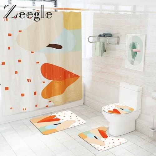 Waterproof Shower Curtain with Flannel Bath Mat Set Absorbent Bathroom Carpet Rug U-Shaped Toilet Rug and Anti-slip Floor Mat