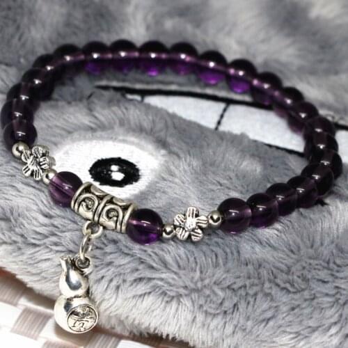 High quality hot sale purple electroplate crystal glass 6mm round beads bracelets for women gourd pendant jewelry 7.5inch B2123