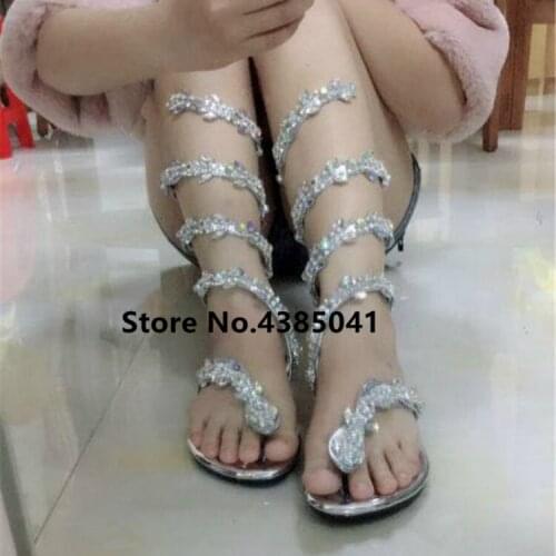 YUE JABON Luxurious gladiator women Flat Sandals Snake Punk Rhinestone Flat Heel Women Sandals Wedding Party shoes Plus size 42