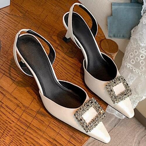 Womens genuine leather thin high heel pointed toe slingback slip-on sandals crystal buckle elegant ladies evening dress shoes
