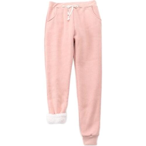 Women Warm Fleece Lined Sweatpants Solid Color Workout Drawstring Jogger Pants F42F