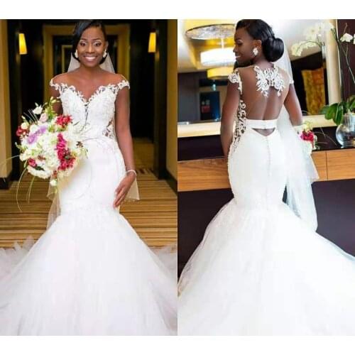 Long V-Neck Shear Lace Mermaid Wedding Dresses Floor Length Illusion Back White Tulle Brautkleider Robes de Soirée for Women