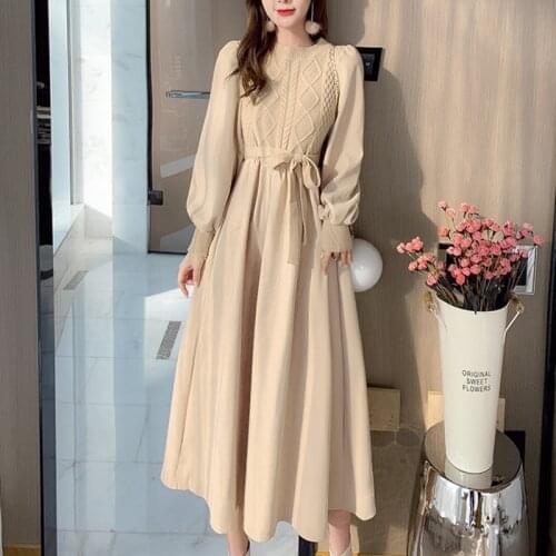 2021 Elegant Solid Women Robe Fashion Korean O-neck Puff Long Sleeve Splice Knit Dresses Autumn Vintage Corduroy Vestidos Mujer