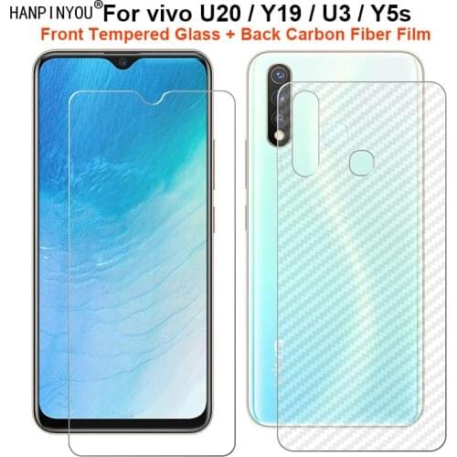For vivo U20 Y19 U3 Y5s 1 Set = Soft Back Carbon Fiber Film Skin Sticker + Ultra Thin Tempered Glass Front Screen Protector