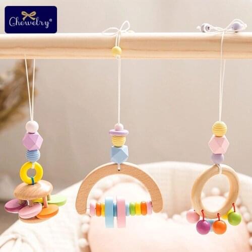 1PC Baby Rattle Colorful Beech Wooden Rodent Rings Silicone Teether Beads BPA Free Infant Baby Play Gym Educational Stroller Toy