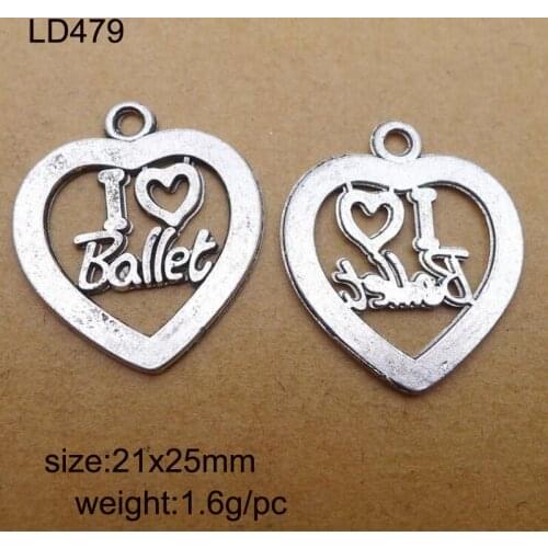 25pcs 21x25mm Antique Silver Alloy I Love Ballet Letter Heart Charm Pendant Jewelry Findings Accessories