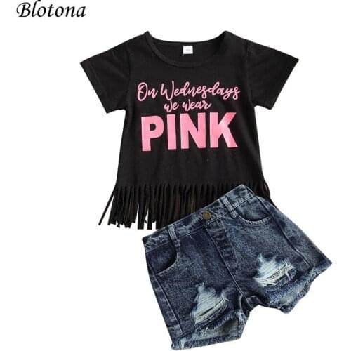 Blotona Hot Sale Girls Short-sleeved and Shorts Set Fashion Letter Print Tassel T-shirt and Ripped Denim Short Pants 1-6Years