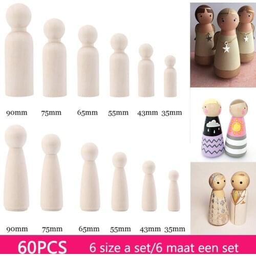 60pcs 35mm/43mm/55mm/65mm Unfinished Wooden Craft DIY Color Painting Peg Dolls Male & Female Doll Bodies Baby Kids Gifts