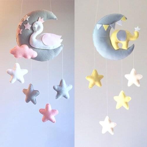Baby Toys Moon Swan DIY Rattles Mom Handmade Bed Bell Toy Rotating Crib Mobiles For Newborns Holder Bed Wind-up Musical Box Toy