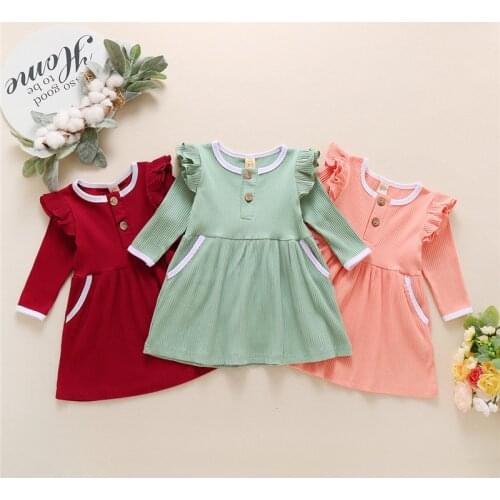 1-6Y Kids Girls Dress New Toddler Kid Girls Solid Color Pageant Party Ribbed Dresses A-line Baby Girls Pocket Princess Dresses