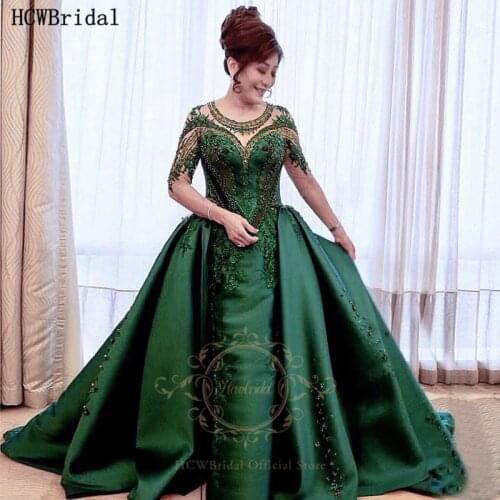 Long Green Evening Formal Dress With Detachable Train Half Sleeves Chic Beaded Appliques Satin Plus Size Occasion Party Dresses