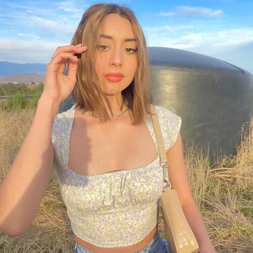 Women Floral Print Vest Sexy Cropped Tops Slim Pleated Chic Lolita Tops Square Collar Y2K cute tops women Corset Top unique top