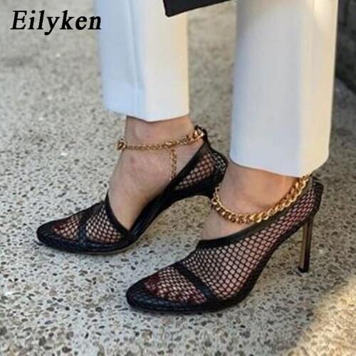 Eilyken Sexy Mesh Pumps Sandals Female Round Toe High Heel Fashion Metal Chain Decoration Stiletto Hollow Out Party Dress Shoes