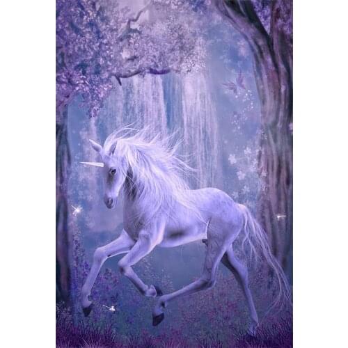 Fairy Tale World Photography Background White Unicorn Purple Trees Flowers And Fountain Backdrop For Photo Studio Booth Props