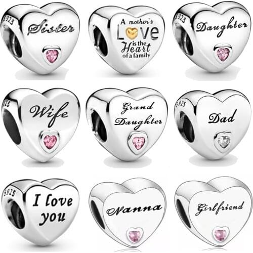 Hot Sale 925 Silver Love Wife Dad Mom Cousin Hearts Bead Charms Fit Original Pandora Bracelet Bangles Diy Jewelry Making