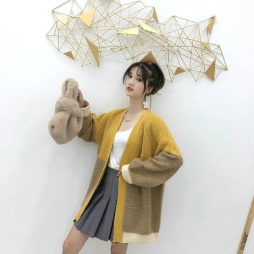 H9607 Autumn Spring Sweater Coat Female Loose V-neck Matching Color Knitted Cardigan Students Girl Winter Medium Long Simple Top