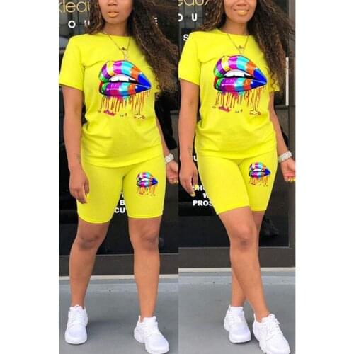 Yellow Lips Print Two Pieces Outfit Sports Short Sets Workout Clothes Short Sleeve and Pant Tracksuit Fashion Ladies Casual Suit