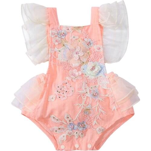 Newborn Baby Girls Summer Romper, Cute Ruffle Sleeve Floral Embroidered Backless Bodysuit