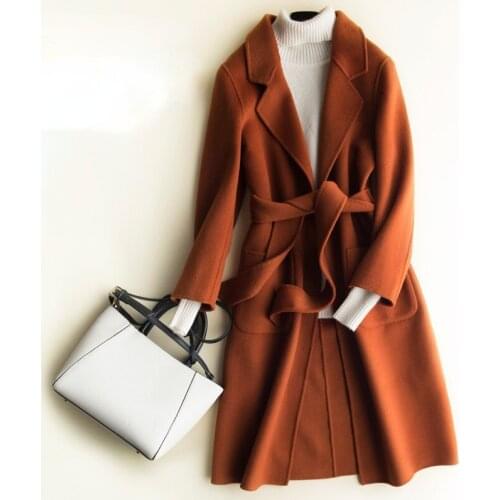 Fashion 100% Wool Coat Women Autumn Elegant Long Ladies Coats Belted High Quality Double-faced Woolen Jackets for Woman 2021 WPY