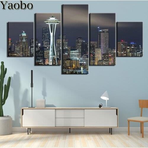 Modern city buildings night view Diamond Painting Cross Stitch Diamond Embroidery Full Square round drill Needlework 5 pcs set