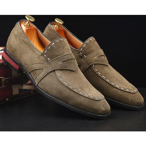 New Mens Business Shoes Nubuck Leather Luxury Dress Shoes Male Fashion Pointed Toe Slip on Pure Color Fomal Footwear Plus 38-48