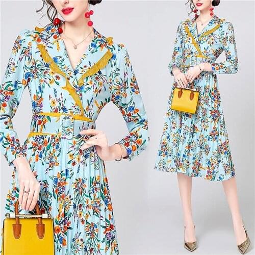 With Belt Elegant Dresses For Women Ladies Autumn Clothes Chic Long Sleeve Printed Womens Dress Quality Pleated Dress SL342